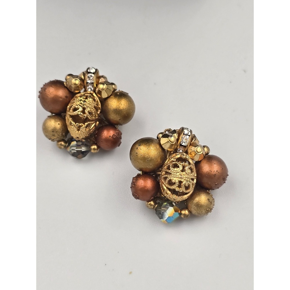 Vintage Mid-Century Gold Tone Bronze Brown Bead‎ Cluster Clip-On Earrings Retro